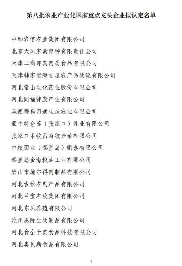第八批国家农业产业化重点龙头企业名单公示